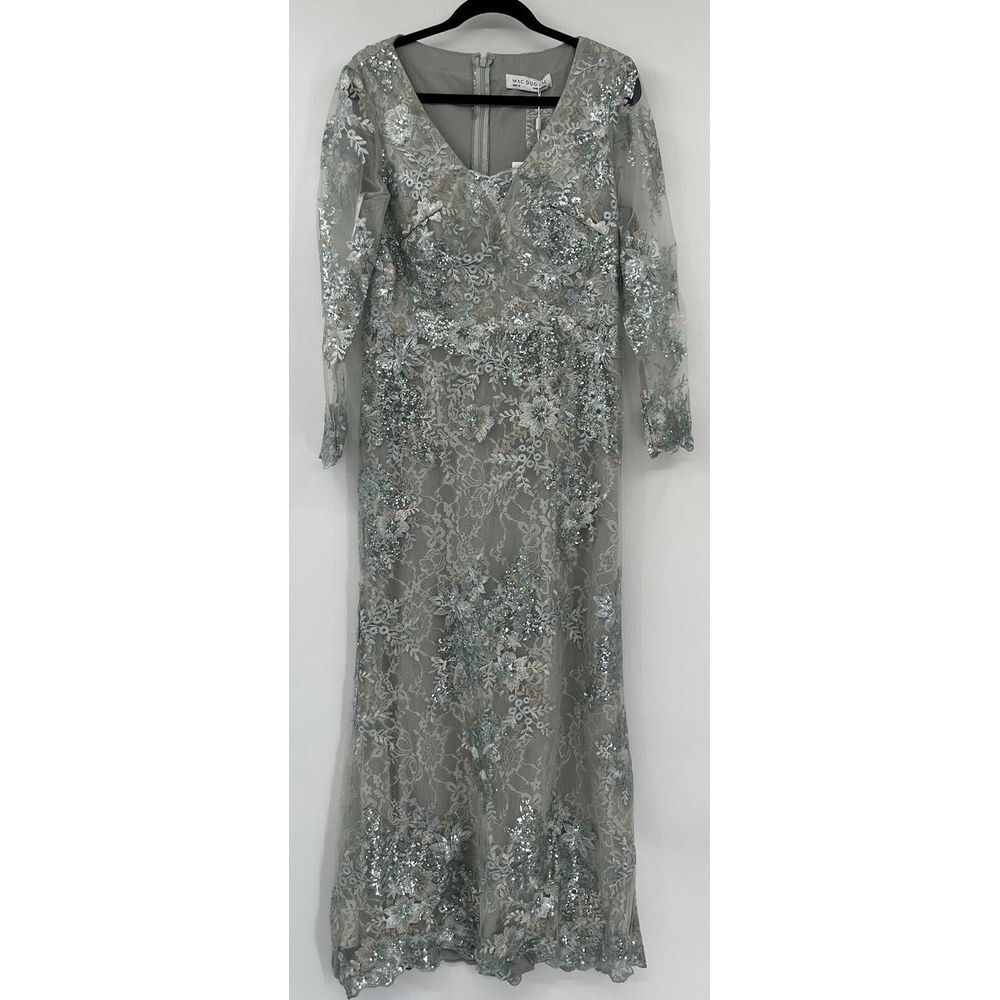 MAC DUGGAL Size 12 V-Neck Long-Sleeve Embroidered Mesh Gown in Sea‎ Mist